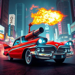 A stunning red and white 1958 Plymouth Fury, expertly detailed with vibrant colors and a sleek body design, equipped with a futuristic flamethrower mounted on the front