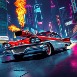 A stunning red and white 1958 Plymouth Fury, expertly detailed with vibrant colors and a sleek body design, equipped with a futuristic flamethrower mounted on the front