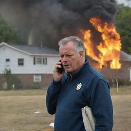 The father is now shown dialing a number on his cell phone, a sense of urgency on his face, as he calls the fire department, with the burning house still in the background.