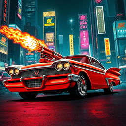 A stunning red and white 1958 Plymouth Fury, expertly detailed with vibrant colors and a sleek body design, equipped with a futuristic flamethrower mounted on the front