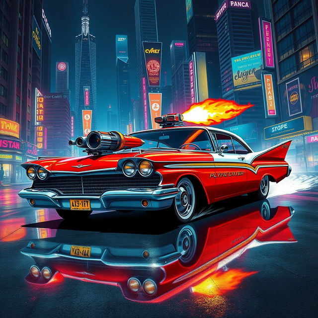 A stunning red and white 1958 Plymouth Fury, expertly detailed with vibrant colors and a sleek body design, equipped with a futuristic flamethrower mounted on the front