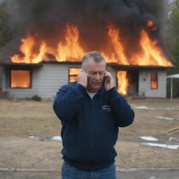 The father is now shown dialing a number on his cell phone, a sense of urgency on his face, as he calls the fire department, with the burning house still in the background.