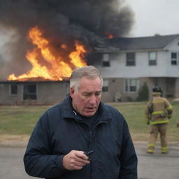 The father is now shown dialing a number on his cell phone, a sense of urgency on his face, as he calls the fire department, with the burning house still in the background.