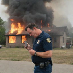 The father is now shown dialing a number on his cell phone, a sense of urgency on his face, as he calls the fire department, with the burning house still in the background.