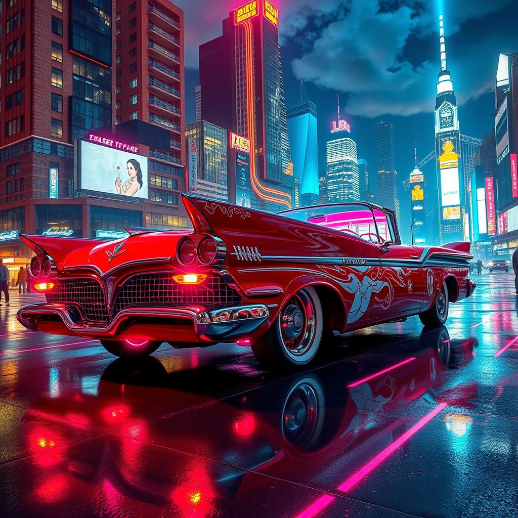 A stunningly detailed red and white 1958 Plymouth Fury, transformed into a striking cyberpunk aesthetic