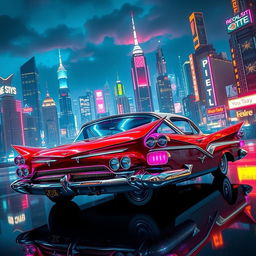 A stunningly detailed red and white 1958 Plymouth Fury, transformed into a striking cyberpunk aesthetic