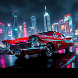 A stunningly detailed red and white 1958 Plymouth Fury, transformed into a striking cyberpunk aesthetic