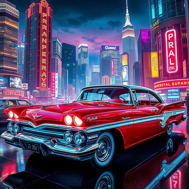 A stunningly detailed red and white 1958 Plymouth Fury, transformed into a striking cyberpunk aesthetic