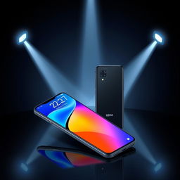 A high-end smartphone advertisement featuring two sleek smartphones on a dark, glossy reflective surface