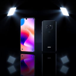 A high-end smartphone advertisement featuring two sleek smartphones on a dark, glossy reflective surface