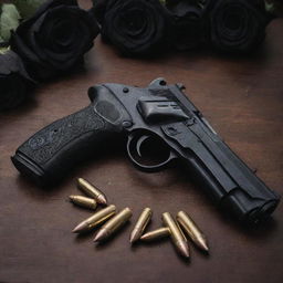 An intense poster featuring two pistols and bullets arranged on a table, gracefully adorned with black roses.