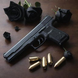 An intense poster featuring two pistols and bullets arranged on a table, gracefully adorned with black roses.