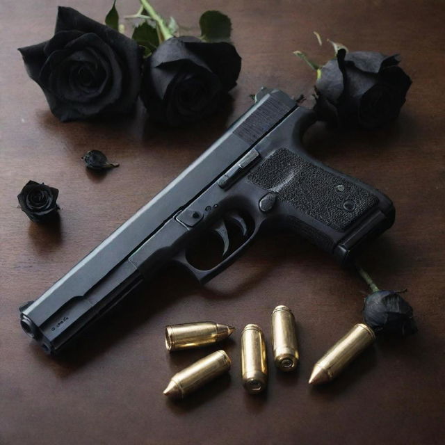 An intense poster featuring two pistols and bullets arranged on a table, gracefully adorned with black roses.