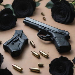 An intense poster featuring two pistols and bullets arranged on a table, gracefully adorned with black roses.