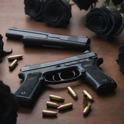 An intense poster featuring two pistols and bullets arranged on a table, gracefully adorned with black roses.