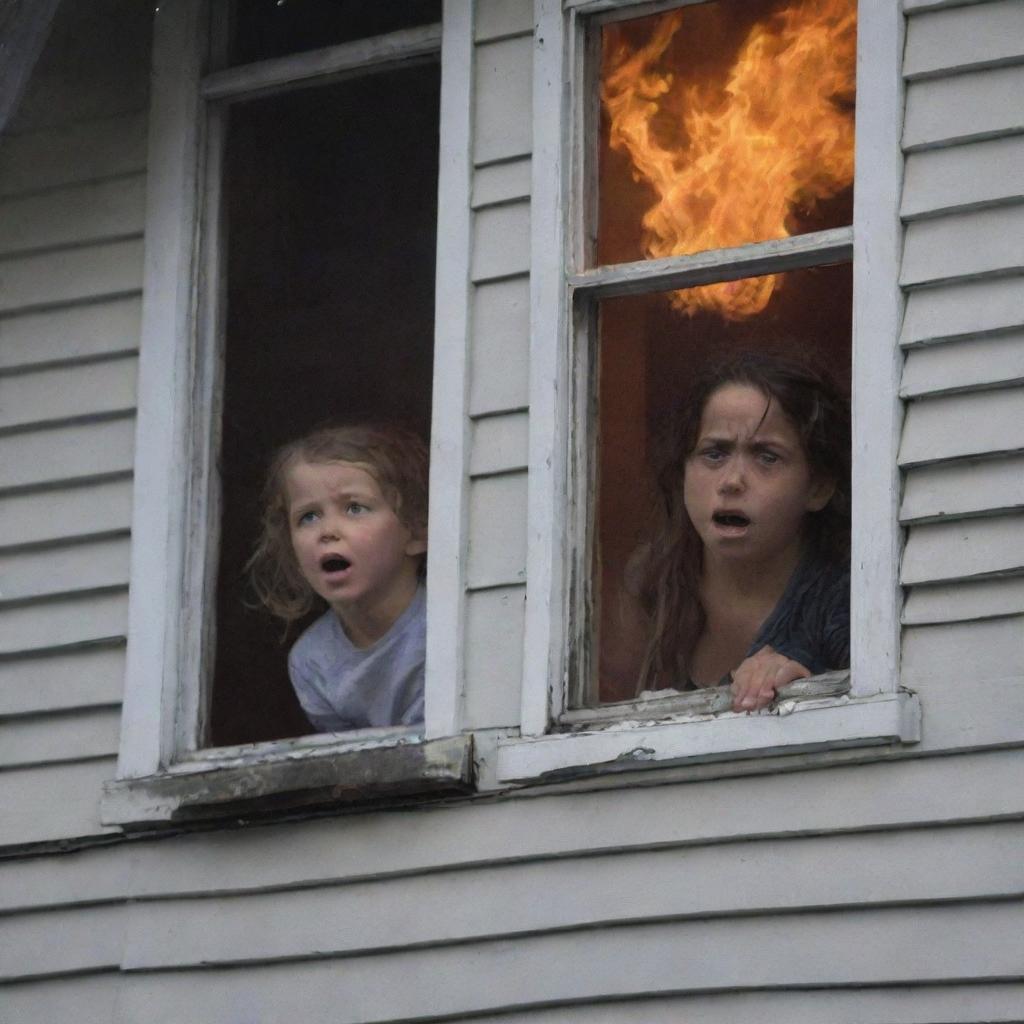 Amid the chaos, a realization hits as a second child is seen peeking from a second story window of the still burning house, looking terrified but unharmed.