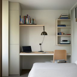 A compact yet comfortable bedroom with a study area including a desk, chair, lamp, and bookshelves, seamlessly integrated into the space