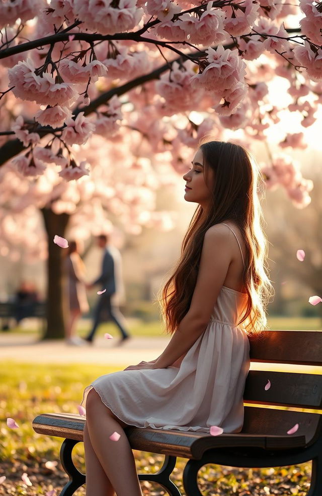 A poignant scene depicting a young woman with long, flowing hair, sitting alone on a park bench under a cherry blossom tree in full bloom