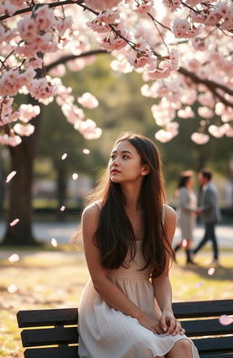 A poignant scene depicting a young woman with long, flowing hair, sitting alone on a park bench under a cherry blossom tree in full bloom