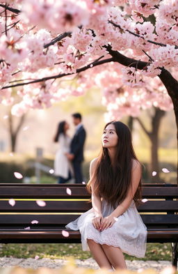 A poignant scene depicting a young woman with long, flowing hair, sitting alone on a park bench under a cherry blossom tree in full bloom
