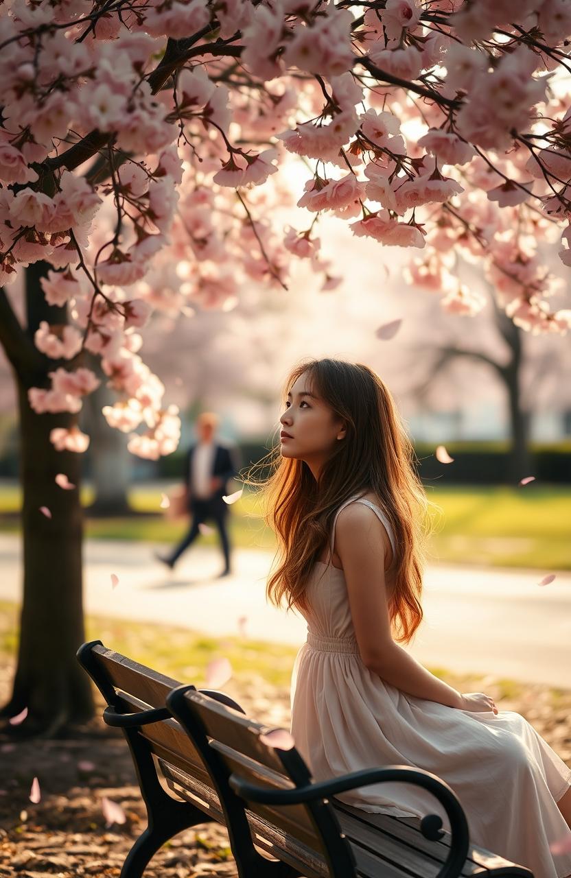 A poignant scene depicting a young woman with long, flowing hair, sitting alone on a park bench under a cherry blossom tree in full bloom