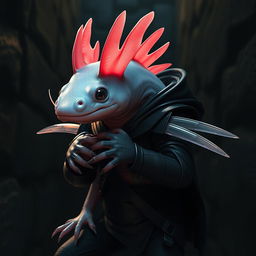 A sleek, vibrant axolotl with a shimmering, faint iridescence on its body