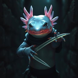 A sleek, vibrant axolotl with a shimmering, faint iridescence on its body