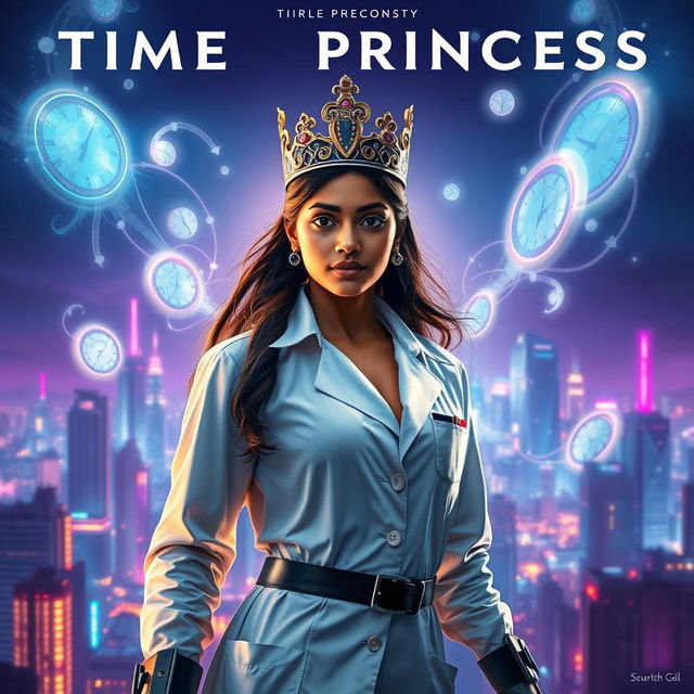 A cinematic sci-fi superhero film poster titled 'Time Princess', featuring an Indian girl scientist endowed with futuristic time control superpowers