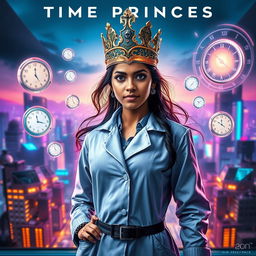 A cinematic sci-fi superhero film poster titled 'Time Princess', featuring an Indian girl scientist endowed with futuristic time control superpowers