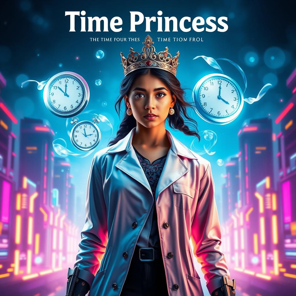 A cinematic sci-fi superhero film poster titled 'Time Princess', featuring an Indian girl scientist endowed with futuristic time control superpowers