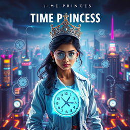 A cinematic sci-fi superhero film poster titled 'Time Princess', featuring an Indian girl scientist endowed with futuristic time control superpowers