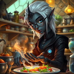 A female dark elf with charcoal grey skin, slate blue eyes, and white hair, wearing hexagon glasses