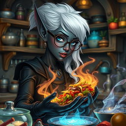 A female dark elf with charcoal grey skin, slate blue eyes, and white hair, wearing hexagon glasses