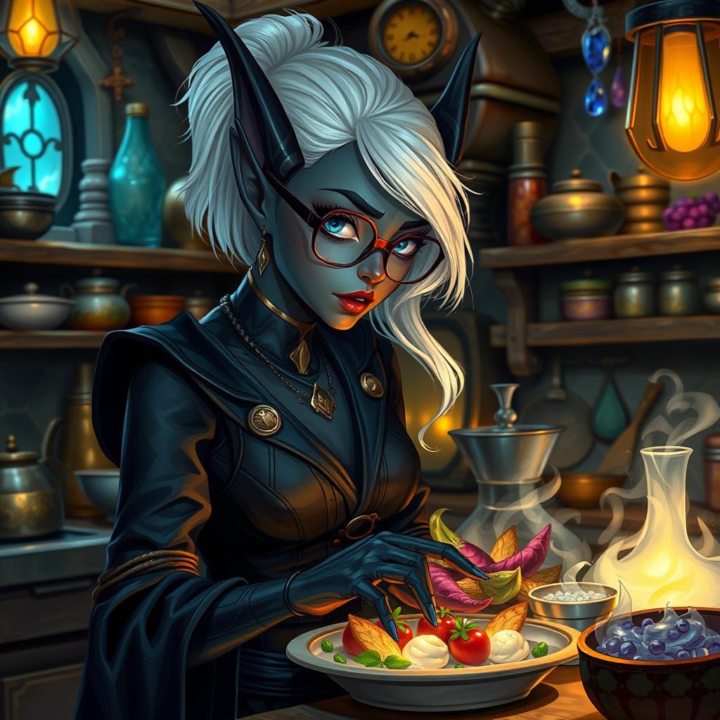 A female dark elf with charcoal grey skin, slate blue eyes, and white hair, wearing hexagon glasses