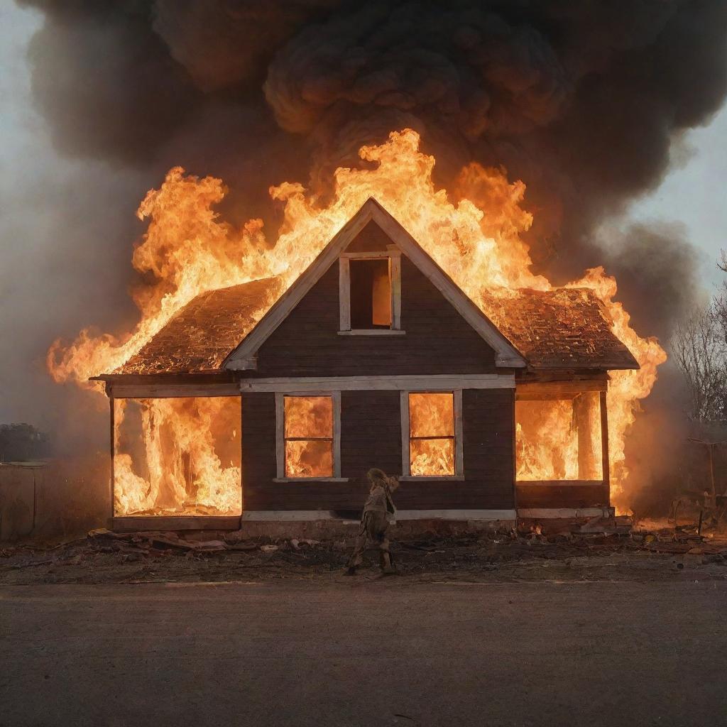 Suddenly, the fiery scene takes a turn as the burning house is shown in the midst of a dramatic explosion, a huge ball of fire and smoke engulfing it completely.