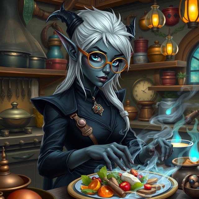 A female dark elf with charcoal grey skin, slate blue eyes, and white hair, wearing hexagon glasses