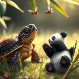 A realistic, adorable terrapin looking up curiously at a small bee hovering above it