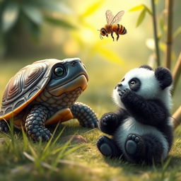A realistic, adorable terrapin looking up curiously at a small bee hovering above it