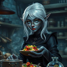 A realistic depiction of a female dark elf with charcoal grey skin, slate blue eyes, and white hair, wearing hexagon glasses