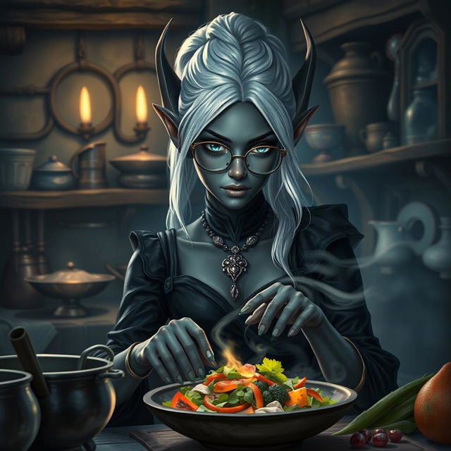 A realistic depiction of a female dark elf with charcoal grey skin, slate blue eyes, and white hair, wearing hexagon glasses