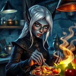 A realistic depiction of a female dark elf with charcoal grey skin, slate blue eyes, and white hair, wearing hexagon glasses