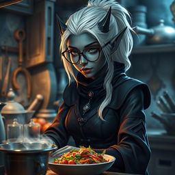 A realistic depiction of a female dark elf with charcoal grey skin, slate blue eyes, and white hair, wearing hexagon glasses