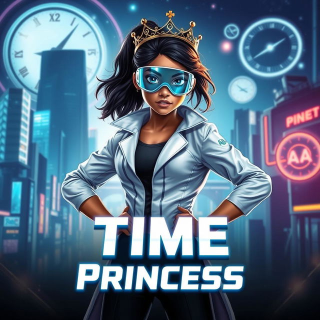 A futuristic teenage girl with Indian descent possessing time control superpowers, dressed in a sleek scientist outfit complete with a modern crown on her head