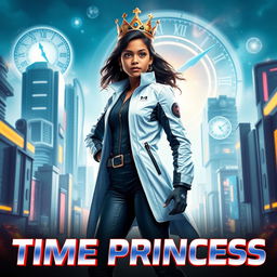 A futuristic teenage girl with Indian descent possessing time control superpowers, dressed in a sleek scientist outfit complete with a modern crown on her head