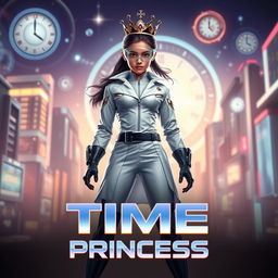A futuristic teenage girl with Indian descent possessing time control superpowers, dressed in a sleek scientist outfit complete with a modern crown on her head