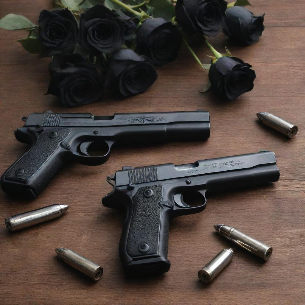 Two detailed pistols and scattered bullets surrounded by jet-black roses, all resting on a rustic wooden table.