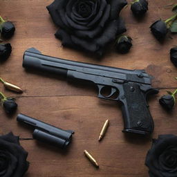 Two detailed pistols and scattered bullets surrounded by jet-black roses, all resting on a rustic wooden table.