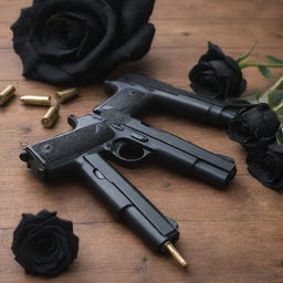 Two detailed pistols and scattered bullets surrounded by jet-black roses, all resting on a rustic wooden table.