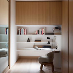 A compact yet comfortable bedroom with a study area including a desk, chair, lamp, and bookshelves, seamlessly integrated into the space