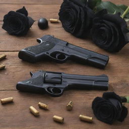 Two detailed pistols and scattered bullets surrounded by jet-black roses, all resting on a rustic wooden table.